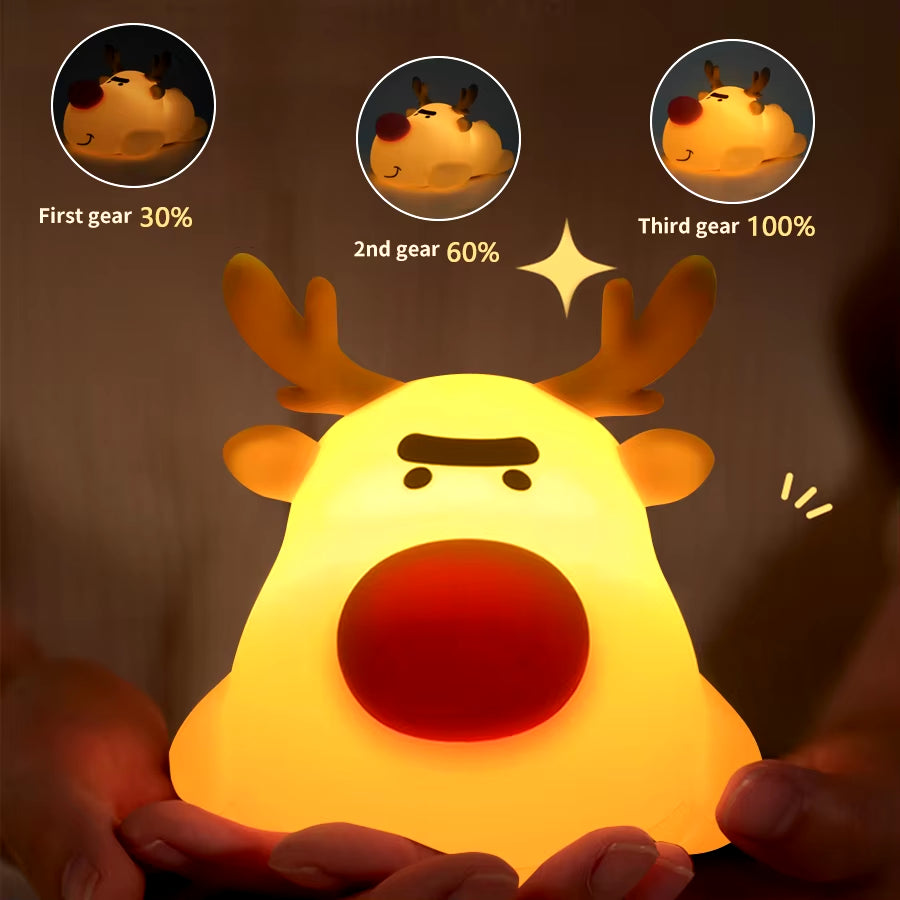 Reindeer Silicone Night Light Children Birthday Christmas Gift Touch Pating Lamp Rechargeable Animal Lamp Bedside Bedroom Decor