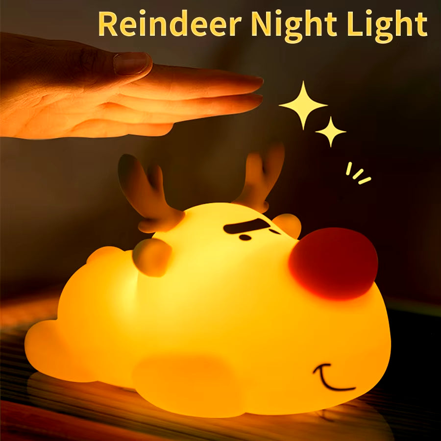 Reindeer Silicone Night Light Children Birthday Christmas Gift Touch Pating Lamp Rechargeable Animal Lamp Bedside Bedroom Decor